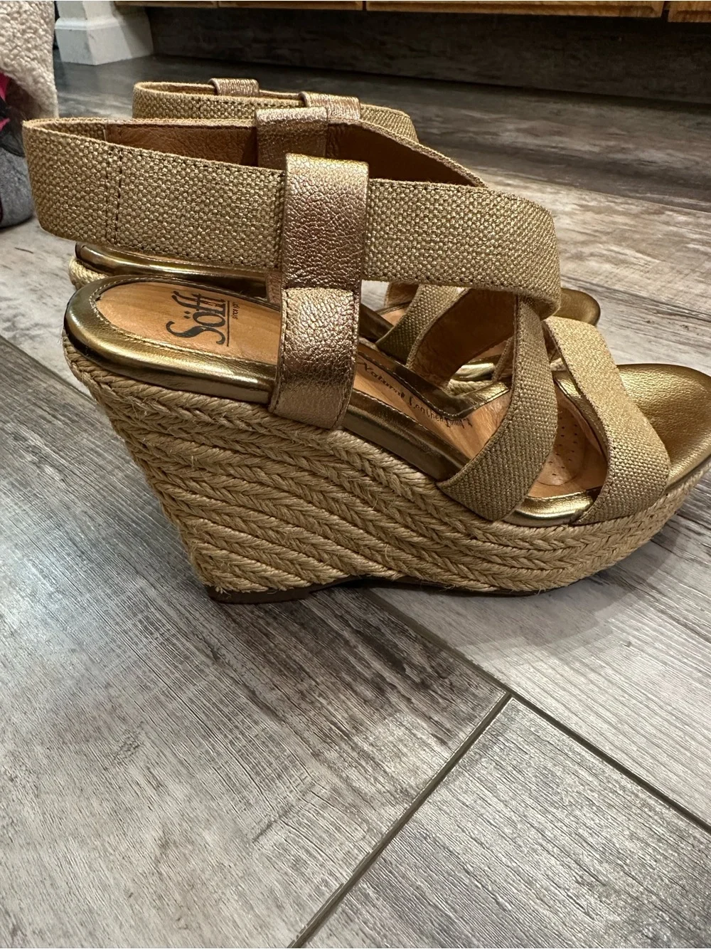 Sofft Metallic Gold Elastic-Strap Espadrille Wedges